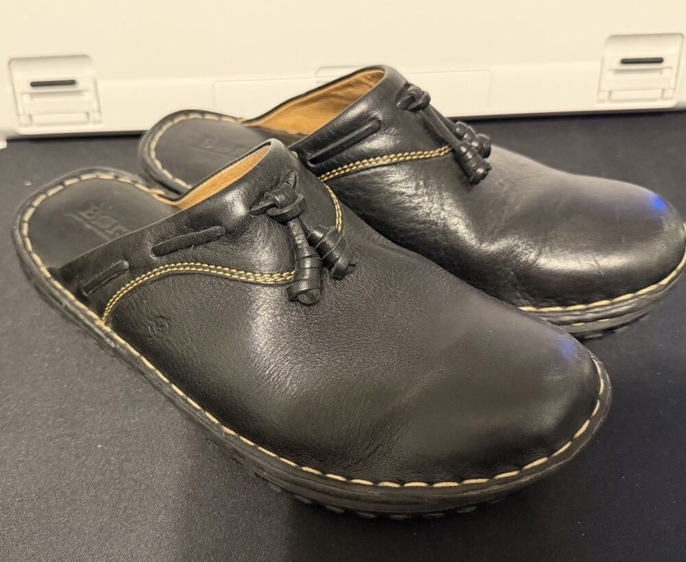 Born Black leather mules clogs size 7 with tassles